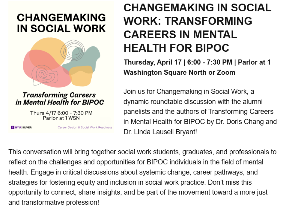 NYU SSSW Career Design & Social Work Readiness Event: Transforming Careers in Mental Health for BIPOC Roundtable